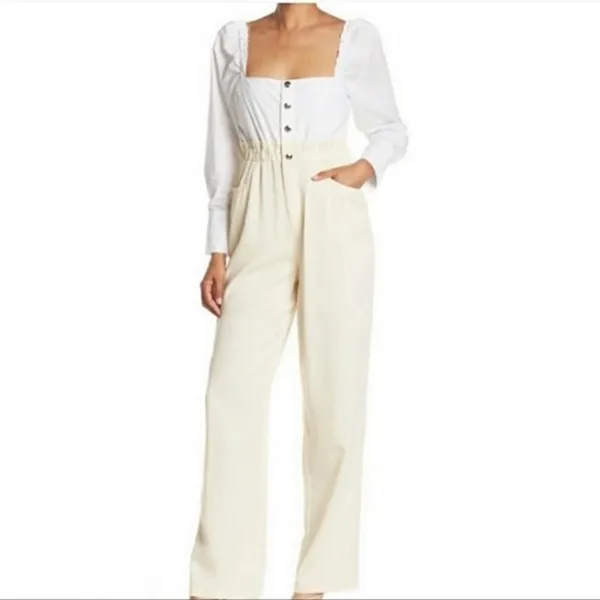 WeWoreWhat Shirt Jumpsuit Ivory NEW Size XS Long Sleeve Paperbag Waist Pant‎ - Image 9