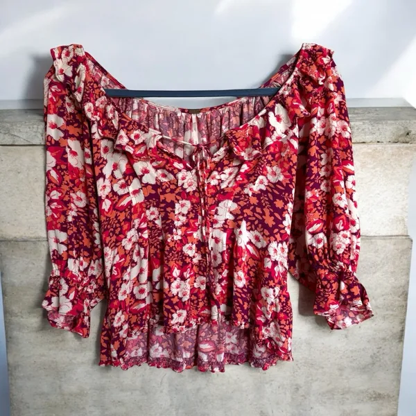 Free‎ People Womens Blouse Size S Sweet Memories 3/4 Sleeve Orange & Pink Floral - Image 4