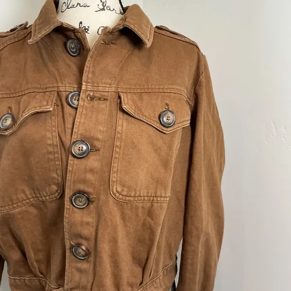 Free People Brown Utility Cropped Military Jacket Button Front Small Boho Field - Image 2