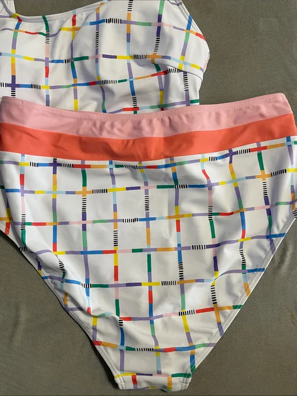 High-Waist Plaid Bikini Scoop Neck Pink Band Patchwork Wire Free Wide Strap L - Image 11