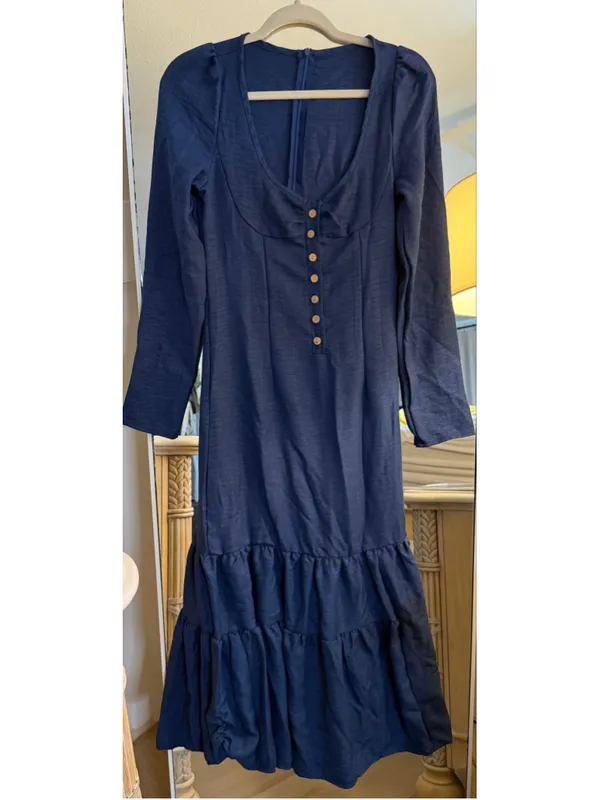 NEW Blue Western Cowgirl Long Sleeve Deep V Neck Boho Vintage Maxi Dress S - Image 6
