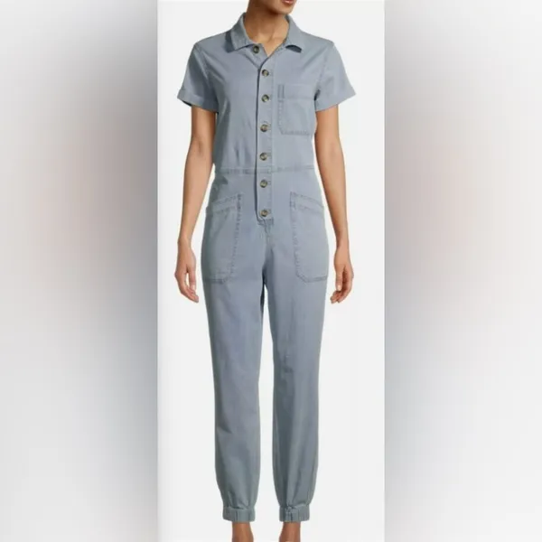 Super Cute Light Blue Button Up Denim Jumpsuit Size XS - Image 2