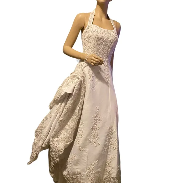 NWT Davids Bridal Michaelangelo‎ White Halter A-Line Gown Beaded Lace Dress - Image 4