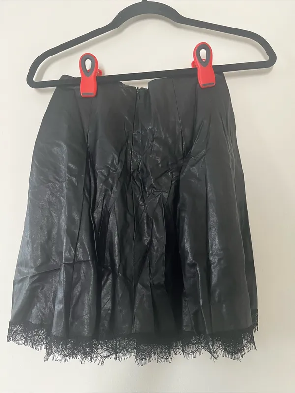 Zara Faux Leather Lace Trim Mini Skirt Black XS Romantic Feminine Office Chic - Image 3