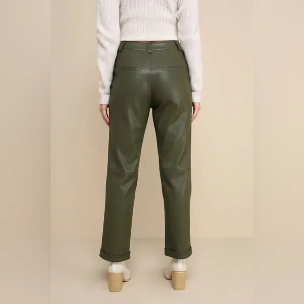 NWT Lulus Effortless Edge Vegan Leather Straight Leg Pants in Olive Green Size M - Image 3
