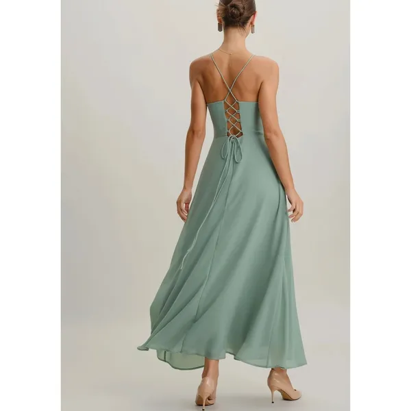 RIHOAS Sage Green Cowl Neck Lace-Up Maxi Dress Women Large Formal Slit Gown - Image 2