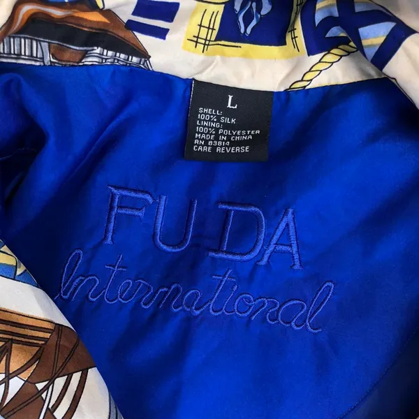 Vintage Retro FUDA International 100% Silk Bomber Jacket Blue Nautical Celestial Astrology Whimsy Whimsigoth Abstract Quirky Size L - Image 2