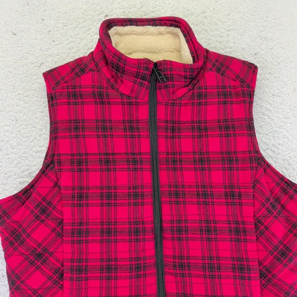 Duluth TRADING Womens Small Sherpa Lined‎ Plaid Vest Red Black Zip Up Quilted - Image 3