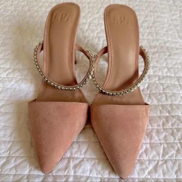 LPA x REVOLVE Lex Crystal Strap Slide Heels in Blush Pink Suede Sz. 9 - Image 4
