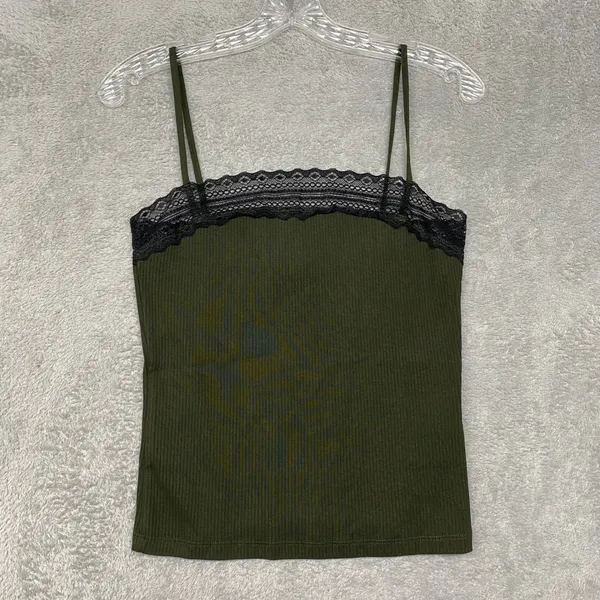 Madewell Camisole Women Large Green Ribbed Lace Trim Spaghetti Strap NY280 NEW - Image 2