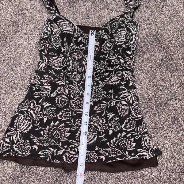 Ann Taylor Floral Ruffle Strap Tank Top Brown White Cinched Waist Boho Size 8 - Image 4