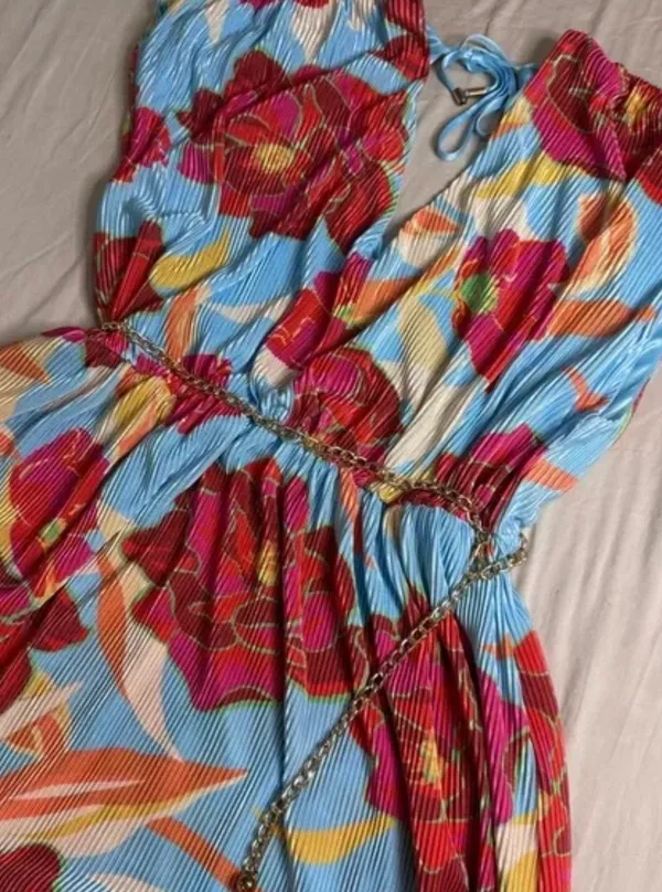 Plisse Hibiscus Midi Dress Blue Size L - Image 5
