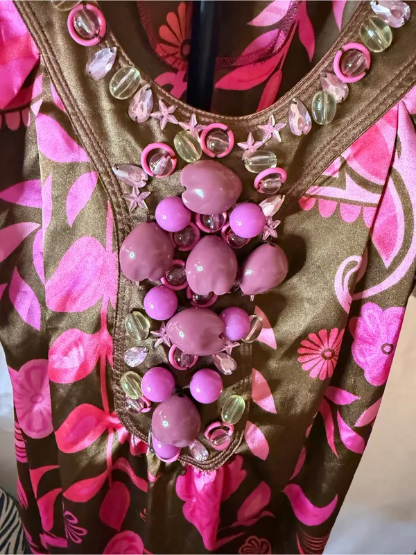 Vintage Y2K Women’s Satin Pink & Brown Floral Halter Dress w/ Beading McBling - Image 6