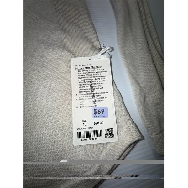 Lululemon Sweater Womens 10 Beige‎ Sit In Lotus Merino Wool Thumbholes Pullover - Image 6