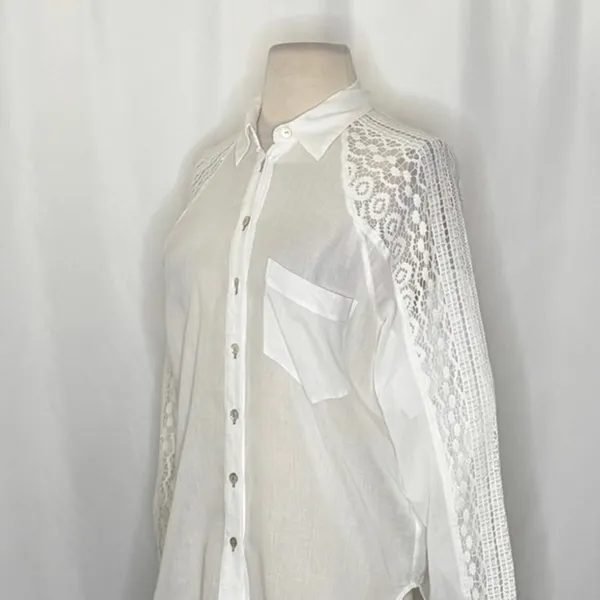 Anthropologie HOLDING HORSES White Lace Sleeve Buttondown‎ Shirt Top Lacey Small - Image 6
