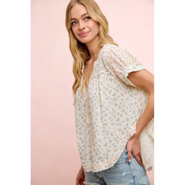 BiBi Floral Crinkle Neckdrop Short Sleeve‎ Blouse Top - Large - Image 8