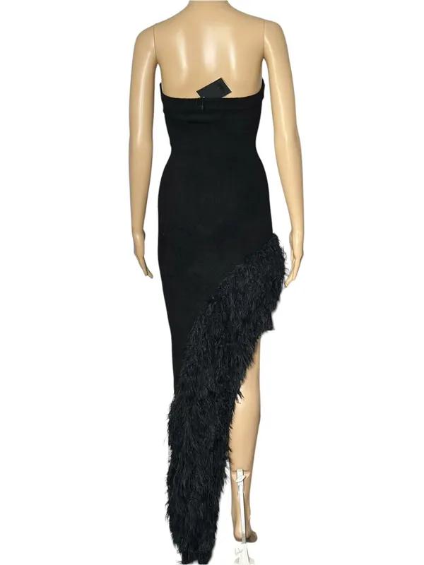 NBD Aubrey Asymmetrical Faux Fur Trim Strapless Dress, Black, XS - Image 5