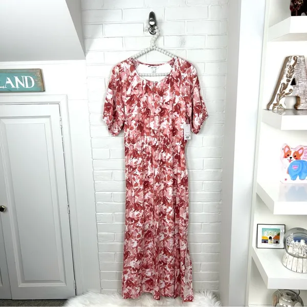 NWT Nine West Puff Sleeve Chiffon Maxi Midi Dress In Pink Abstract Floral M - Image 2