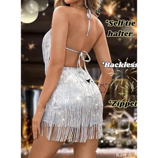 Kaei&Shi Sequin Fringe Romper Metallic Silver Women L New - Image 2