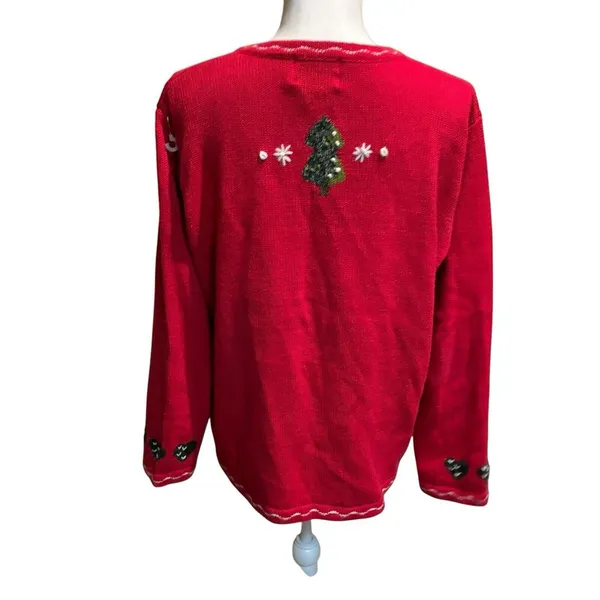 Quacker Factory Sweater VTG Cardigan Christmas Snowman Red Holiday Knit Medium‎ - Image 2