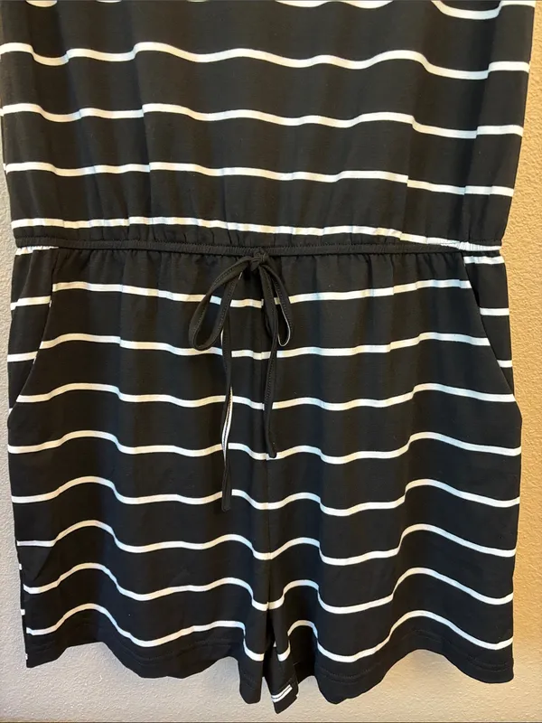 NEW! ANRABESS Size LARGE Black & White Striped Shorts Romper Short Sleeve - Image 4