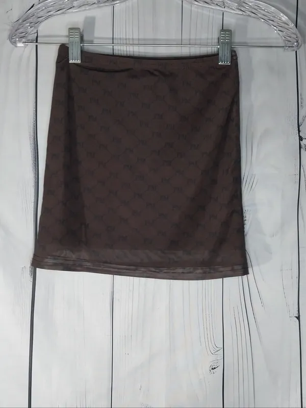 Peppermayo Abbie Print Mesh Y2K Style Bodycon Mini Skirt Chocolate Monogram - Image 4