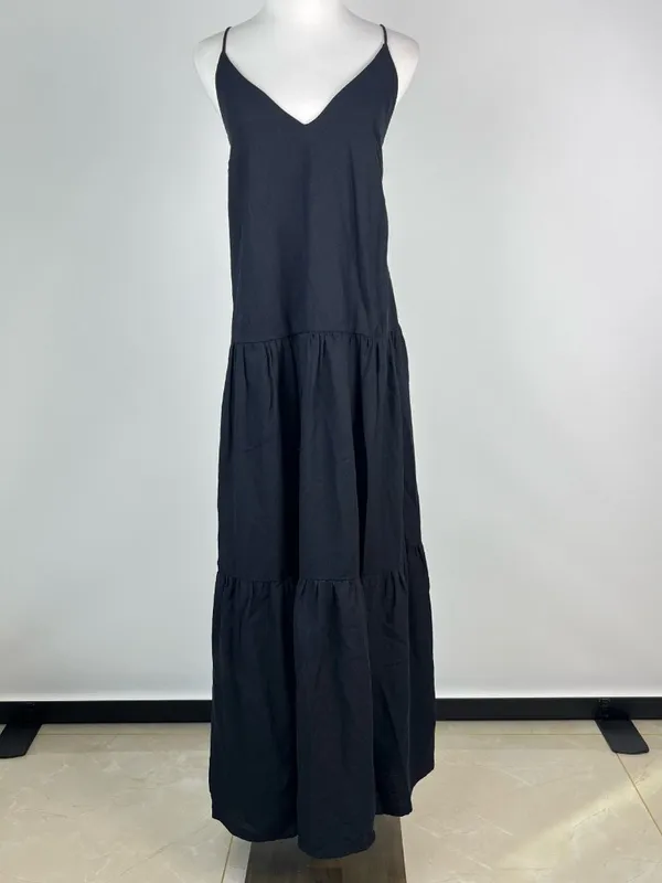 NWOT Farm Rio Linen Blend Black Sleeveless Layer Tiered Maxi Dress Size S - Image 5