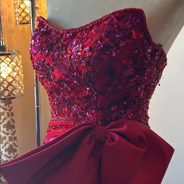 Sherri Hill Red/Fuchsia‎ Sweetheart Neck Beaded w/Bow Skirt Slit Homecoming Sz 4 - Image 10
