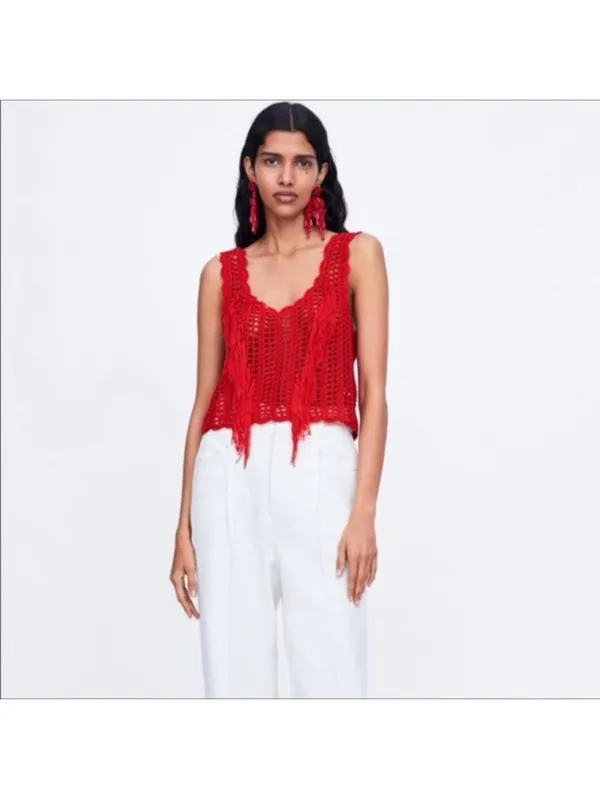 Zara Red Crocheted Fringe Crop Tank Top - Image 2