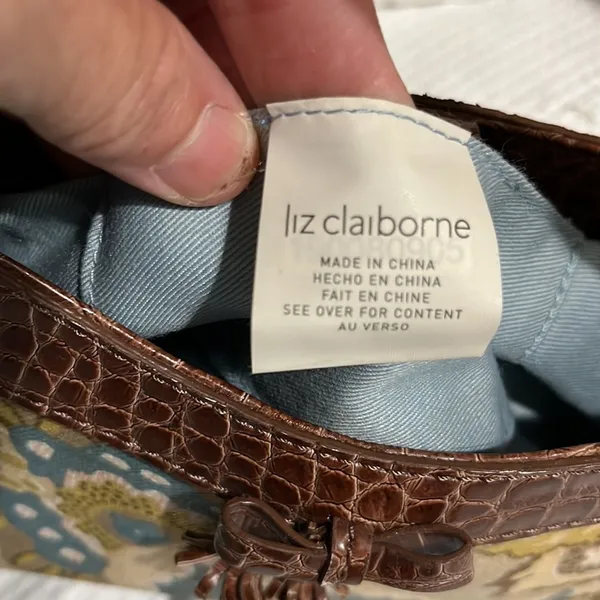 Liz Claiborne Purse Small Alligator Look Strap Floral Brown Gold Shoulder Bag - Image 7