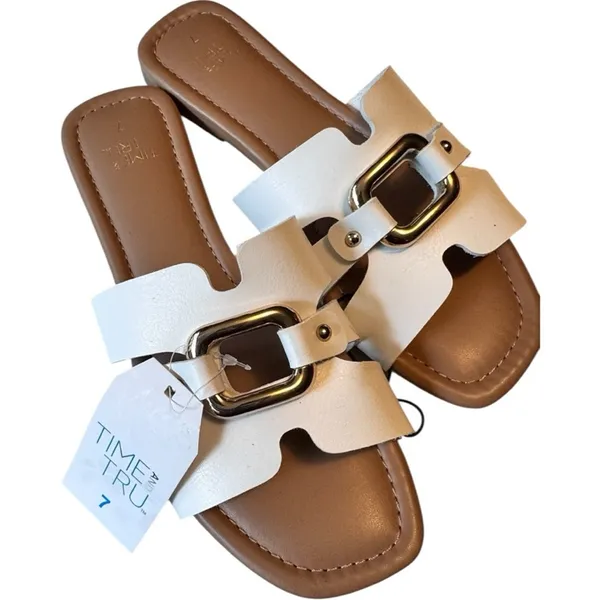 Time and Tru Women's White Slide Sandals With Gold Details Sz 7 NWT - Image 3