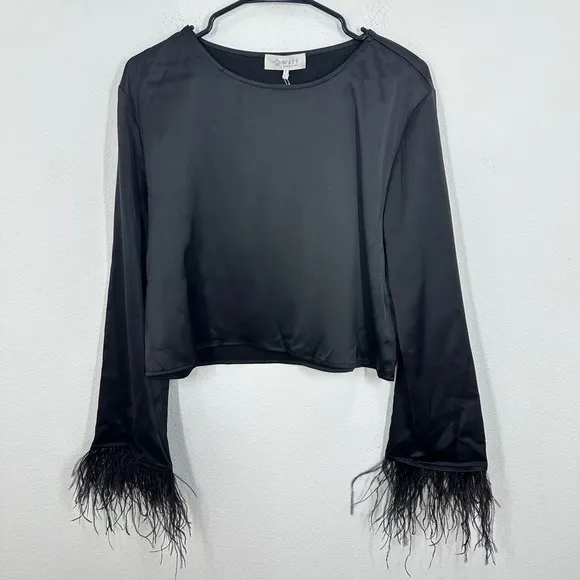 WAYF Black Satin Feather Trim Long Sleeve Crop Top Women's Size‎ S NWT Shopbop - Image 4