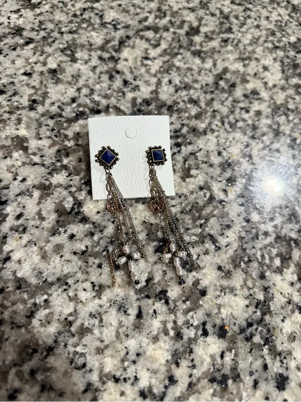 Free People Silver-Tone Dangle Earrings with Navy Stone and Mixed Beads NWT $48 - Image 2