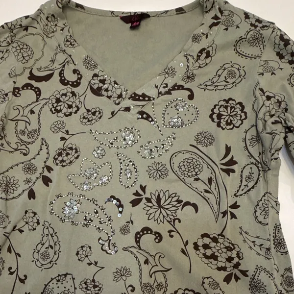 ALC Frank Women's Size L Sage Green Paisley Floral V-Neck Top Sequin Accents - Image 4