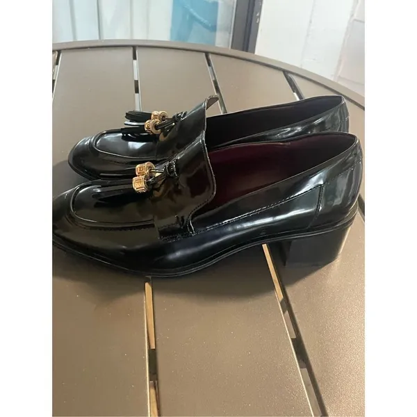 NWOB Franco Sorto Donna Block Heel Tassel Faux Patent leather Loafers Black 6M - Image 9