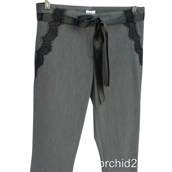 Cache Black Lace Satin Self Belt Gray Bi Stretch Crop Pant New $118 NWT Size 8 - Image 5