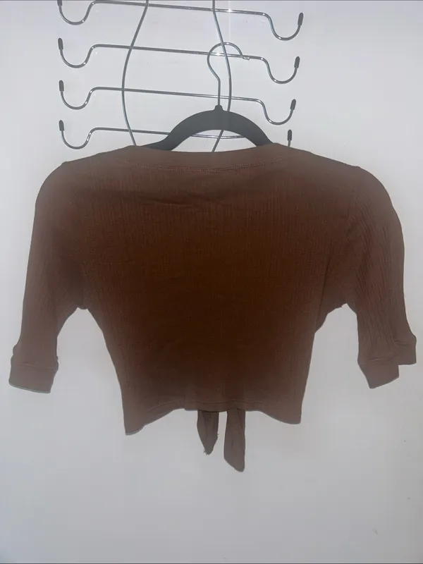 Tampa Y2K Brown Tie-Front Ribbed Crop Top Small - Image 3