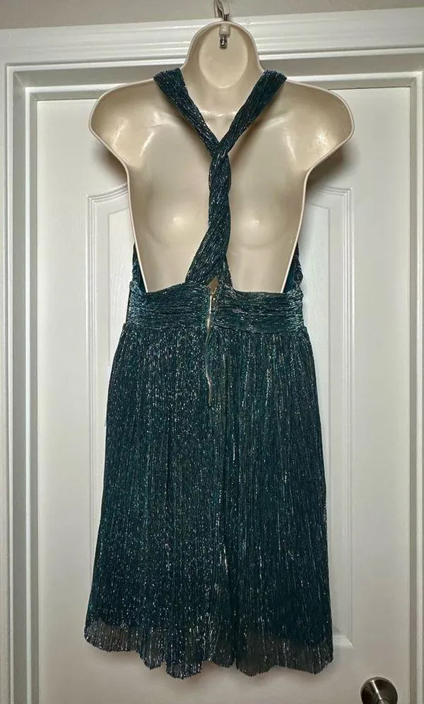 NWT Crystal Sky Deep V-neck Pleated Sparkle Iridescent Women’s Cocktail Dress LG - Image 6