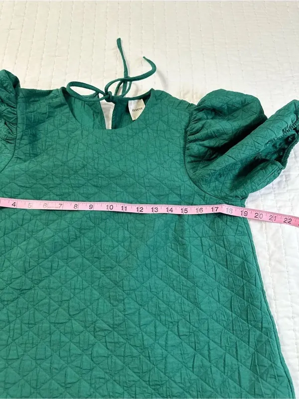 Anthropologie Maeve Green Drop Waist Jacquard Quilted Puff Sleeve Mini Dress Oversize Size M - Image 2