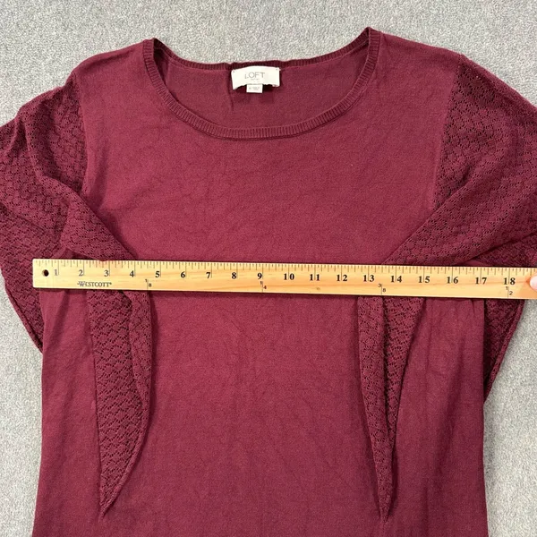 LOFT Outlet Burgundy Lace Sleeve Sweater Top Women's Medium Knit Crew Neck - Image 5