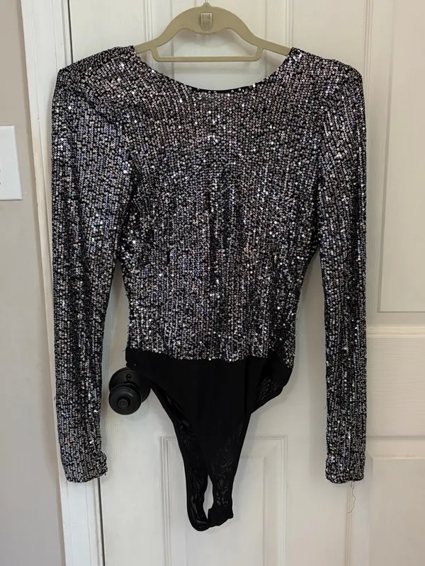 Lulus Shimmering Love Grey Sequined Cowl Back Bodysuit - Image 6