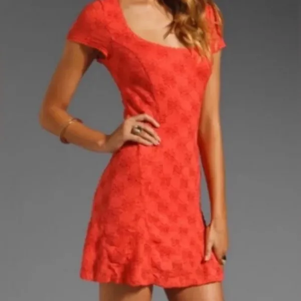 Free People Daisy Lace Godet‎ Fit & Flare Mini Dress Orange Persimmon Size Large - Image 2