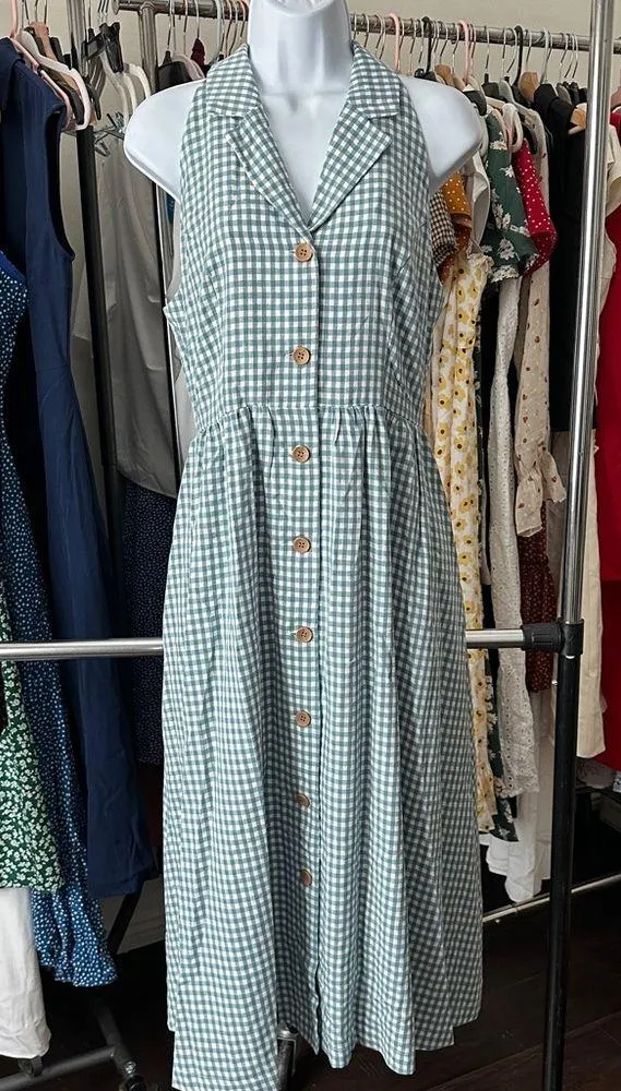 Rihoas Blue Lapel Plaid Sleeveless Shirt Midi Dress - Image 7