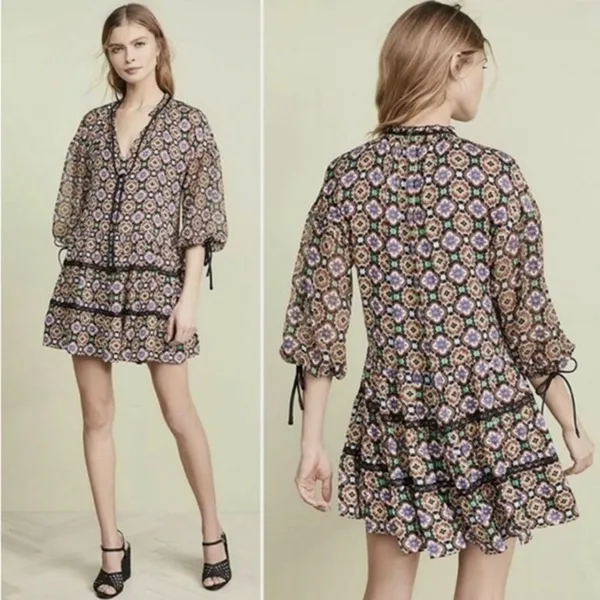 ALICE & OLIVIA Arnette Dress S Palace Tiles Drop Waist Tiered cottagecore - Image 2