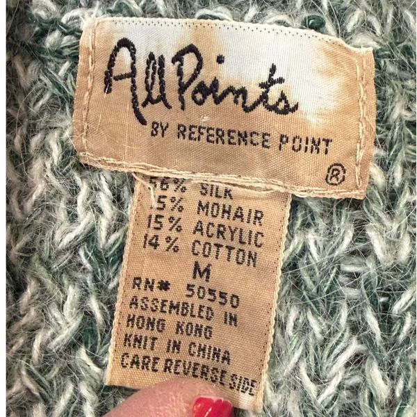 Vintage 90s All Points Green Marled Silk Blend Textured V Neck Sweater M - Image 4