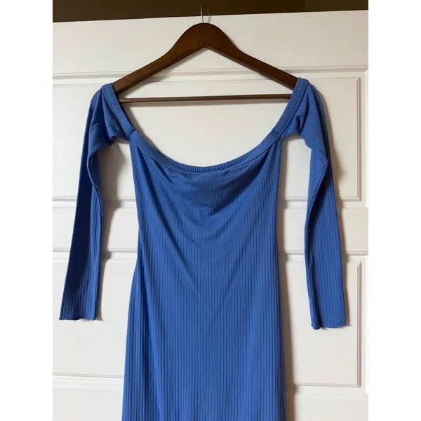 Indah Body Blue Raquel Ribbed Off Shoulder Asymmetric Midi Dress Small Y2K - Image 3