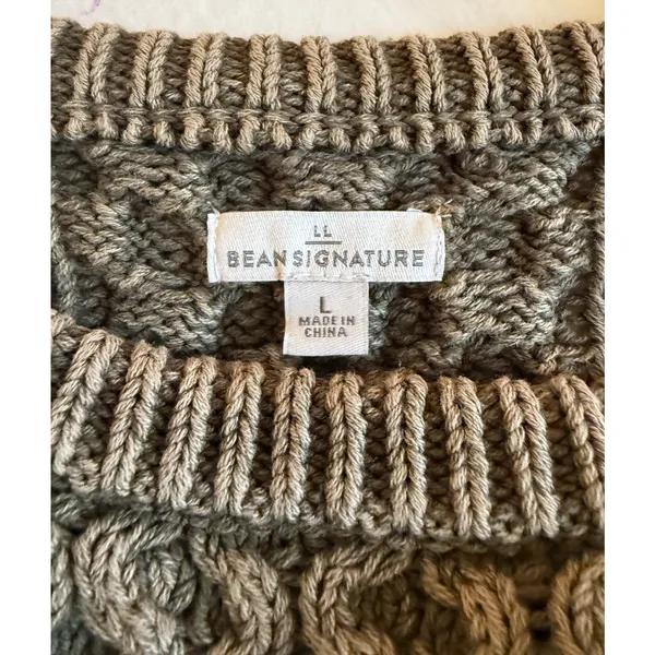 LL Bean Signature Sweater Womens Size L Green Cable Knit Fisherman 100% Cotton - Image 3