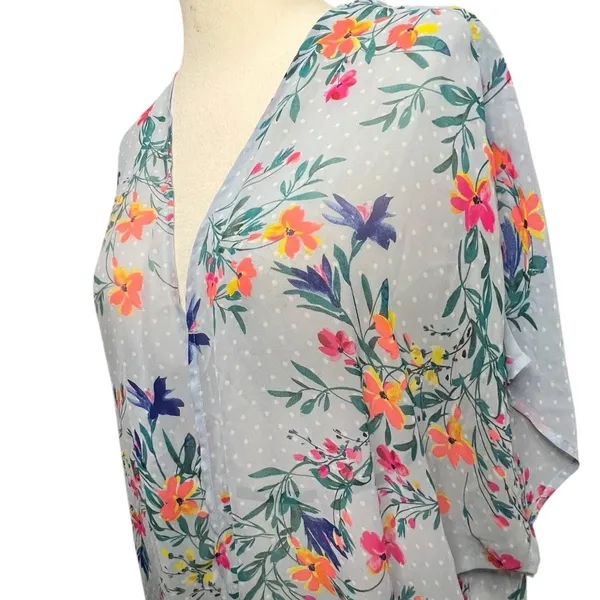 Boutique Kimono Swim Cover Up 0X-1X‎ Blue Floral Open Front Duster Resort Beach - Image 3