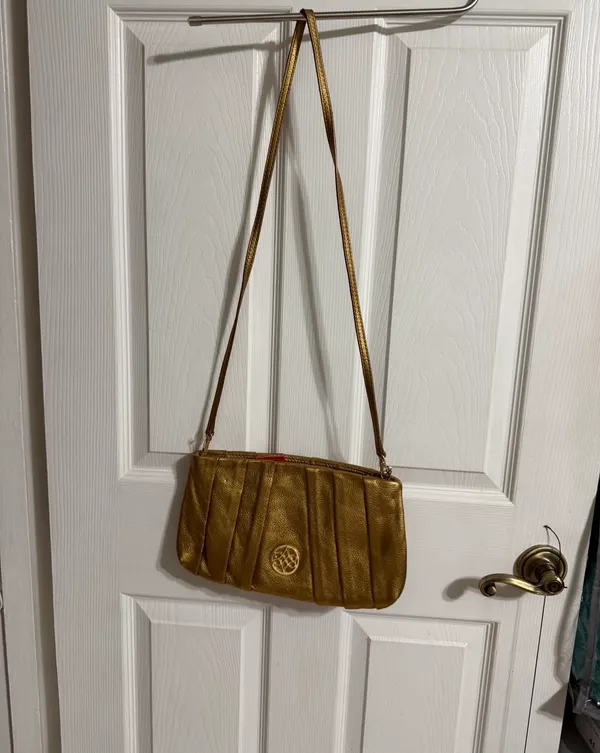 Antonio Melani Gold Metallic Genuine Leather Shoulder Bag Pleated Zip Purse - Image 10