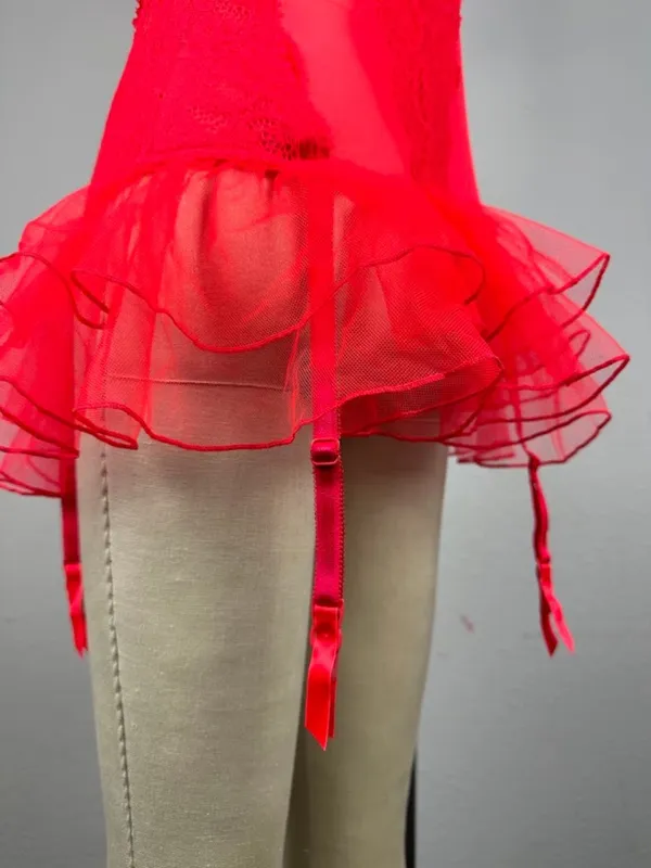 Victoria's Secret Red Lace Mesh Bustier Teddy 36C Y2K Ruffle - Image 6